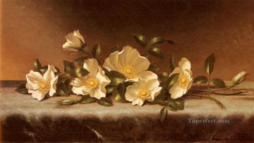  Heade Painting - Cherokee Roses On A Light Gray Cloth Romantic flower Martin Johnson Heade